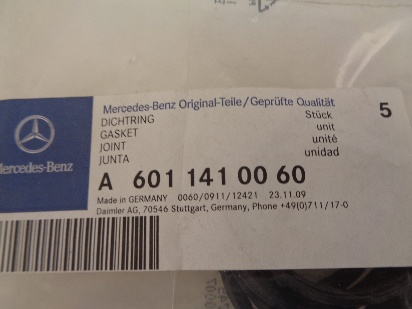 A6011410060 AFDICHTRING INLAATSPRUITSTUK NEW OLD STOCK ORIGINEEL MERCEDES-BENZ - Afbeelding 2