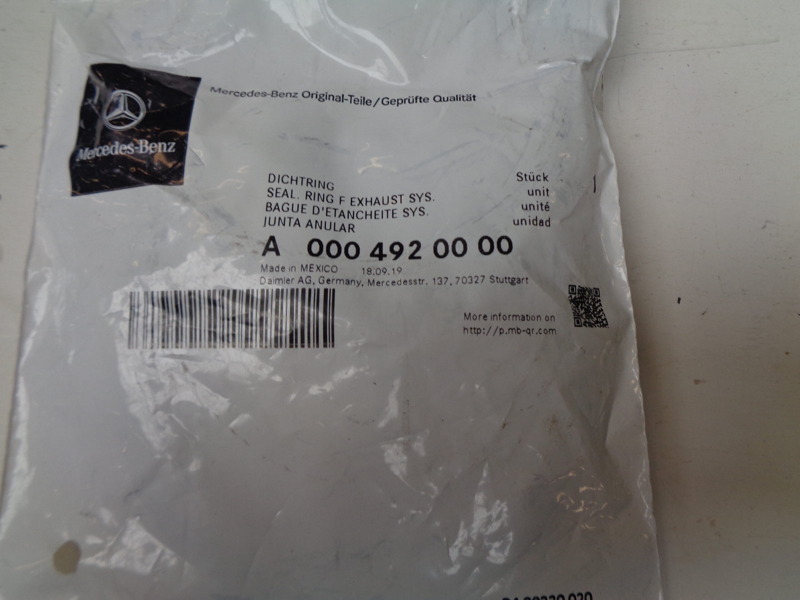 A0004920000 AFDICHTRING UITLAATSYST. OLD STOCK ORIGINEEL MERCEDES-BENZ - Afbeelding 2
